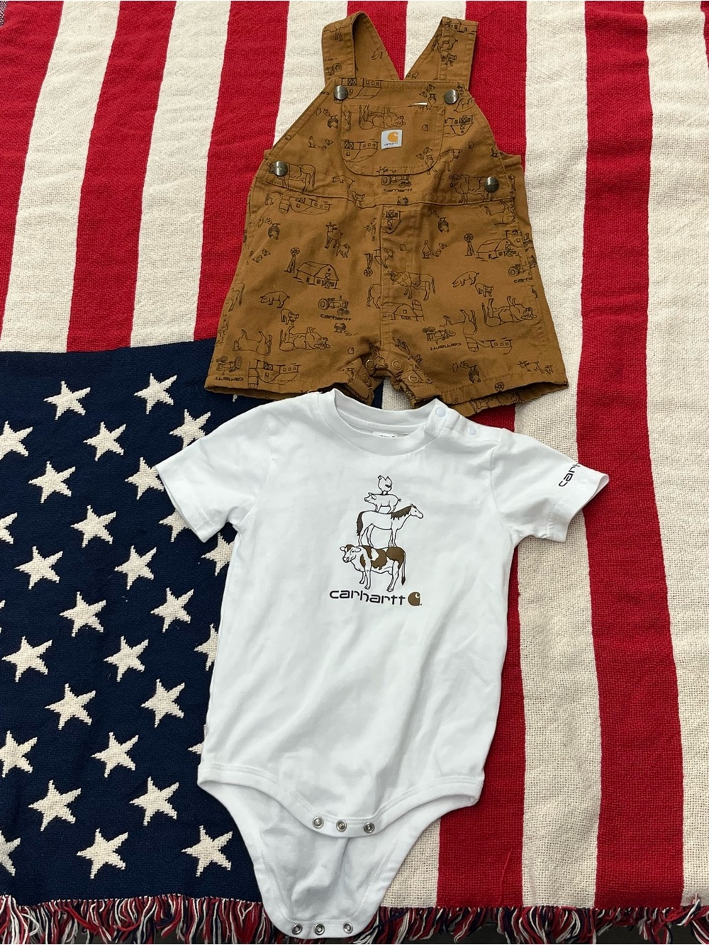 Carhartt White Logo Bodysuit with Brown Printed Overalls Size 24 Months